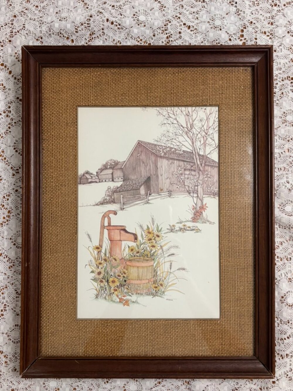 VTG F. Massa Framed Burlap Matted Rustic Country Barn Rural Life Art Print
